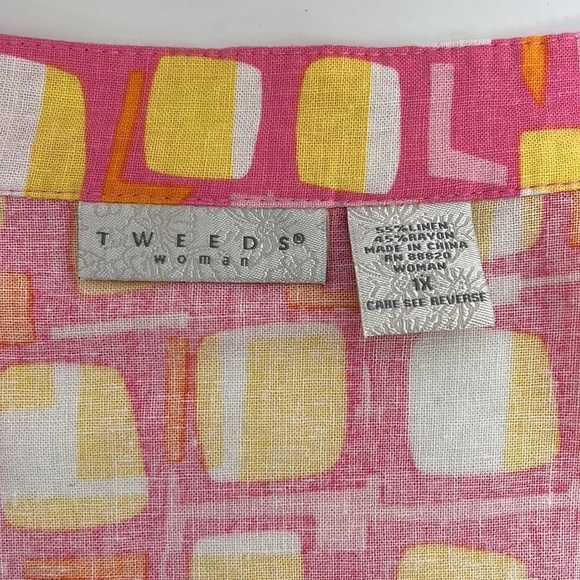 TWEEDS Woman Plus Size Linen Button Front Tunic Blouse Shirt Retro Geo Print - Picture 8 of 8